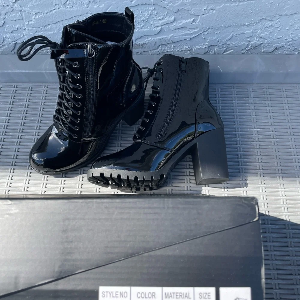 Patent Black Heeled Combat Boots - Picture 4 of 4